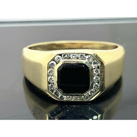 Diamond Black Onyx Ring 0.25ctw 14k Yellow Gold Unisex Size 11 Estate Je… - Picture 1 of 13